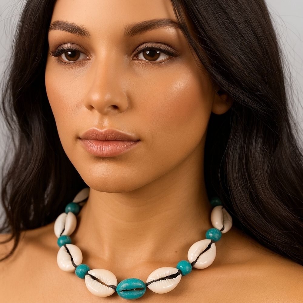 Women's L Nature Beach  Sea Shell Beaded Necklace - Green Cord Fashion Jewelry
